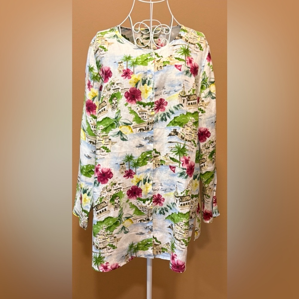 Cynthia Rowley 100% Linen Tunic Coastal Scenic Print Button Front XL